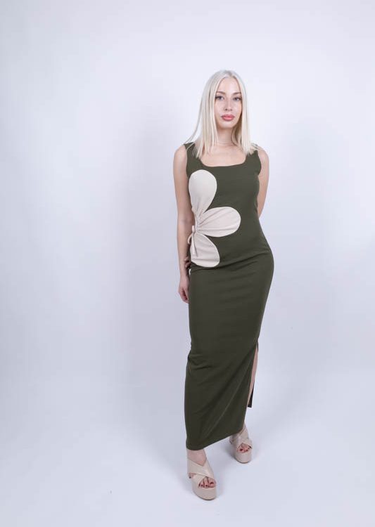 Φόρεμα Maxi Με Άνοιγμα Στη Μέση Λαδί