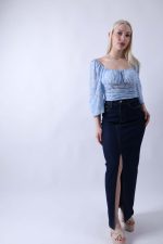 Top Floral Με Balloon Μανίκι Γαλάζιο