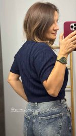 Πλεκτή Μπλούζα Κοντομάνικη Crop Top Μπλε - Image 2