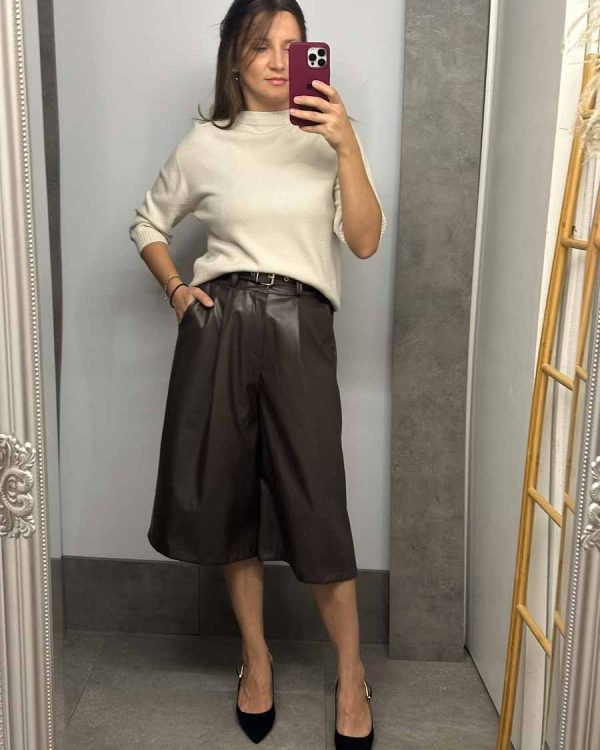 Παντελόνι Δερμάτινη Zip Culotte Καφέ