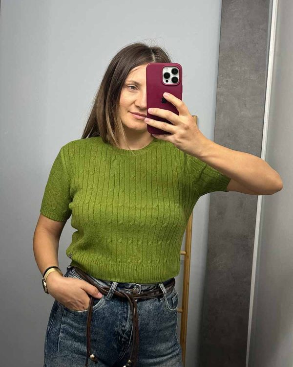Πλεκτή Μπλούζα Κοντομάνικη Crop Top Πράσινο