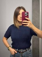 Πλεκτή Μπλούζα Κοντομάνικη Crop Top Μπλε