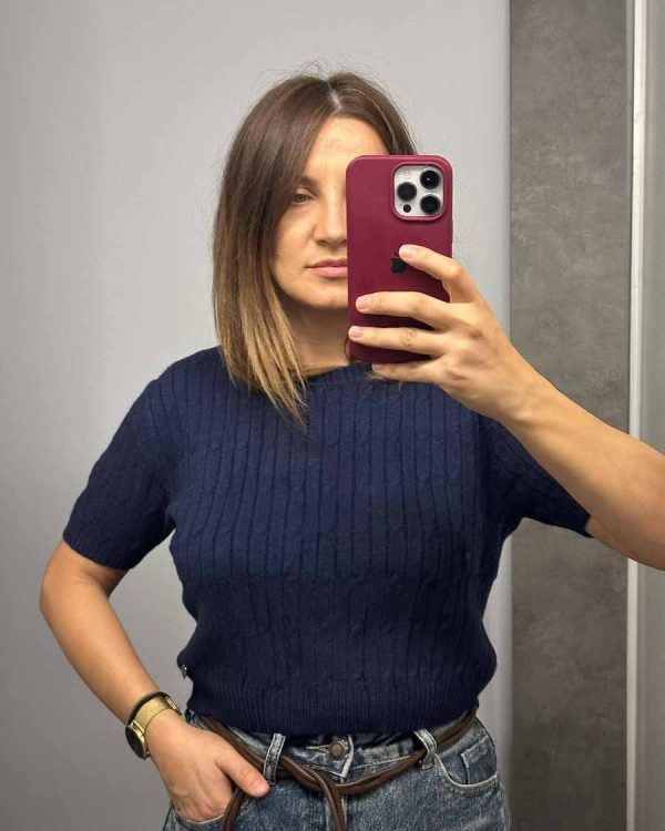 Πλεκτή Μπλούζα Κοντομάνικη Crop Top Μπλε